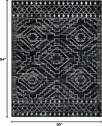 Wonnitar Moroccan Washable Area Rug 5x7, Black Large Rug for Living Room, Non-Slip Boho Bedroom Throw Mat, Low Pile Stain Resistant Geometric Floor Carpet for Dining Table Kitchen Dorm (Black,5'x7')