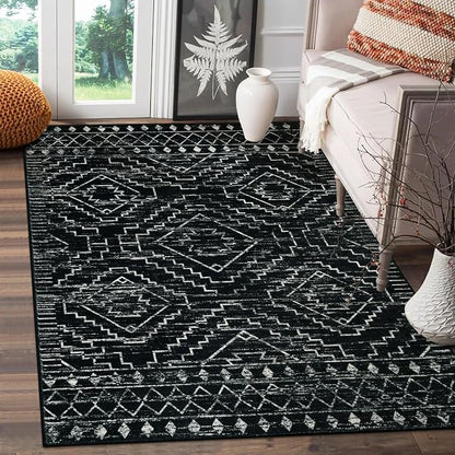 Wonnitar Moroccan 3x5 Rug, Black Washable Small Rug for Bedroom, Non-Slip Geometric Tribal Entry Throw Mat, Boho Farmhouse Rustic Soft Low Pile Area Rug for Bathroom Dining Guest Room (Black,3'x5')