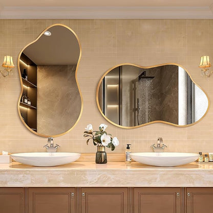 Dorlicecass Bathroom Mirror - Gold Irregular Wall Mirrors Decorative 26"x46" Asymmetrical Tempered Glass Aviation Aluminum Alloy Frame for Vanity, Bedroom, Living Room, Cloakroom, Entryway