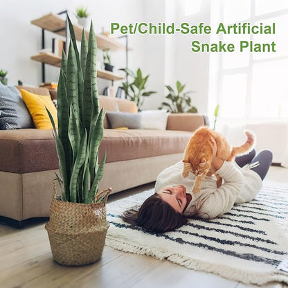 Fake Snake Plant 3ft Tall Faux Sansevieria with 24 Realistic Leaves UV Resistant Potted 2 Pack Fake Mother in Law's Tongue Plants for Indoor Outdoor Home Office Bedroom or Patio Decoration