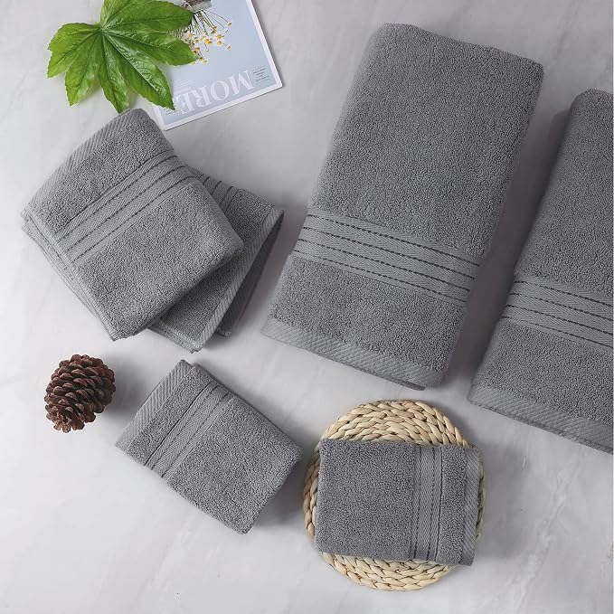 COZYART Grey Bath Towel Set 6pcs, Turkish Cotton Bathroom Towel Sets Soft Absorbent and Durable 650 GSM Luxury 6 Pcs with 2 Bath Towels, 2 Hand Towels, 2 Washcloth