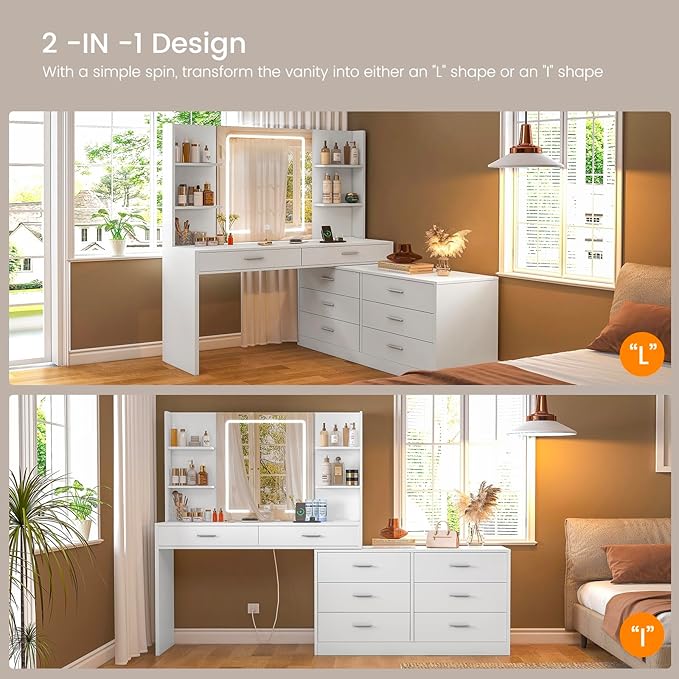 Vanity Makeup Desk with LED Light Mirror & Power Outlet, 8 Drawers, 6 Storage Shelves, 3 Color Modes & Adjustable Brightness Dressing Table, Corner Vanity, L Shape Change, 39.4”Desk, White