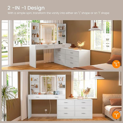 Vanity Makeup Desk with LED Light Mirror & Power Outlet, 8 Drawers, 6 Storage Shelves, 3 Color Modes & Adjustable Brightness Dressing Table, Corner Vanity, L Shape Change, 39.4”Desk, White