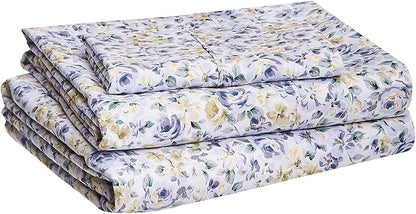 Amazon Basics Lightweight Super Soft Easy Care Wrinkle Free Microfiber 3 Piece Bed Sheet Set with 14-Inch Deep Pockets, Twin, Blue Floral, Floral, Kids, Men & Women Bedding