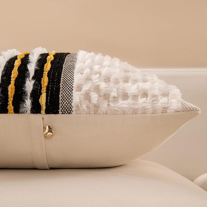 KOOLIFE Boho Chenille Tufted Couch Throw Pillow Covers 18x18 Inch Set of 2 Farmhouse Striped Decorative Pillow Covers Accent Neutral Pillowcase Black Yellow Cushion Cover for Living Room Sofa Bed