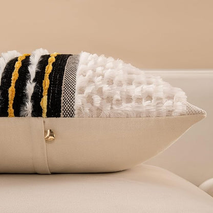 KOOLIFE Boho Chenille Tufted Couch Throw Pillow Covers 18x18 Inch Set of 2 Farmhouse Striped Decorative Pillow Covers Accent Neutral Pillowcase Black Yellow Cushion Cover for Living Room Sofa Bed