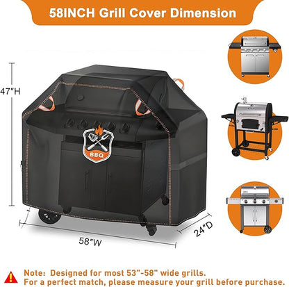 Kinetrail Grill Cover, Universal 58" BBQ Grill Cover for Outdoor Grill, Waterproof, Weather Resistant, Fade Resistant Gas Grill Cover with Adjustable Double Straps for Weber, Char-broil, Nexgrill, etc