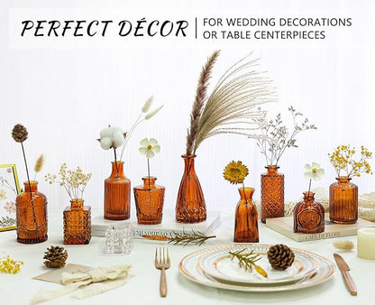 12Pcs Glass Bud Vase Set, Small Dark Brown Flower Vase for Centerpieces, Bud Vases in Bulk, Mini Vintage Vase for Rustic Wedding Decorations（Amber）