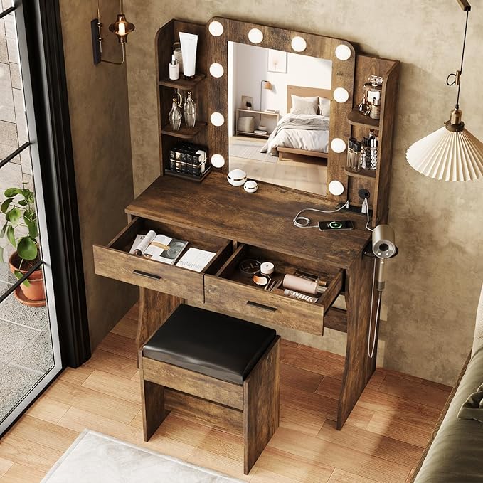 Maupvit Vanity Desk with Mirror and Lights,Makeup Vanity Table Set with Power Outlet,3 Lighting Modes & Adjustable Brightness Dressing Table with 2 Drawers for Bedroom Dressing Room,Rustic Brown