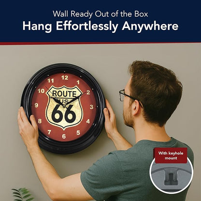 American Art Decor Route 66 LED Wall Clock - 12" Vintage Americana Modern Decor, Battery‑Operated Quartz, Retro Shield for Living Room, Garage, Mancave, Office (Red/Off‑White/Black)