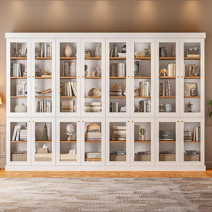 Vyre 70.8" Bookshelf with Glass Doors, Farmhouse Modular Bookcase with 6-Tier Adjustable Shelves, Large Storage Cabinet for Living Room & Home Office, White