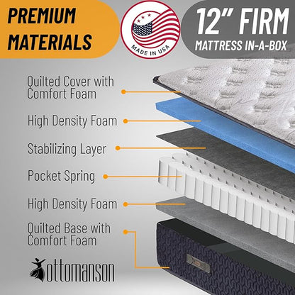 Ottomanson Queen 12” Firm Hybrid Mattress - Made in USA - Premium Support & Durability - Individually Pocketed Coils & CertiPUR-US Foam - Fiberglass-Free - Bed in a Box