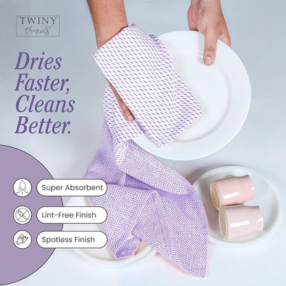 TWINY threads Kitchen Towel Diamond Pattern, Premium Large Kitchen Linen Set, 100% Cotton Wash Rags, Absorbent Quick Drying Cloths, Washable Reusable Multi Purpose, Set of 4, 18x26 Inches, Lavender