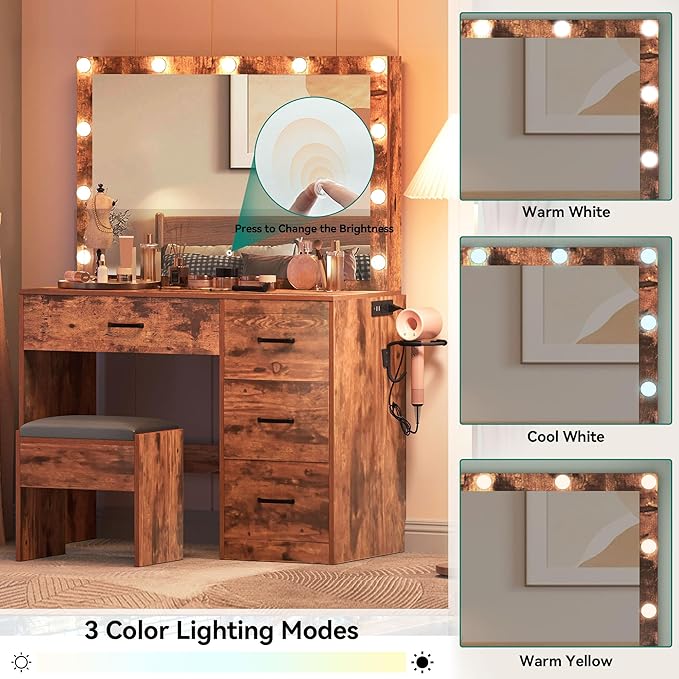 YITAHOME Makeup Vanity with Lighted Mirror, Vanity Desk with Power Outlets & Storage Drawers, Vanity Set with Stool for Dressing Area
