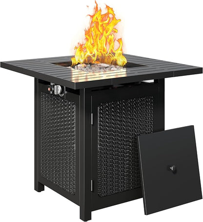 FansaFurn Black Propane Fire Pit Table, 50000 BTU Gas Fire Pits Table with Removable Lid and Lava Rock, Square Fire Table with Cover, 30'', Ideal for Dining or Party on Patio, Garden, Yard
