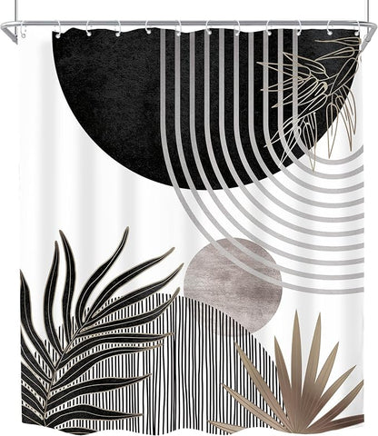 KOMLLEX Mid Century Black Grey Boho Shower Curtain 60Wx72L Inches Abstract Modern Shower Curtains for Bathroom Decor Plant Dark Grey Minimalist Arch Sun Fabric Liner Waterproof Polyester 12 Pack Hooks