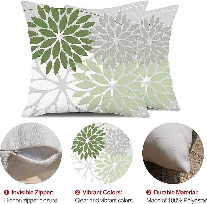 DFXSZ Outdoor Throw Pillow Covers 20x20 Inch Set of 2 Waterproof Spring Summer Geometric Elegant White Green Outdoor Pillow Covers for Patio Funiture Garden Couch 158D20
