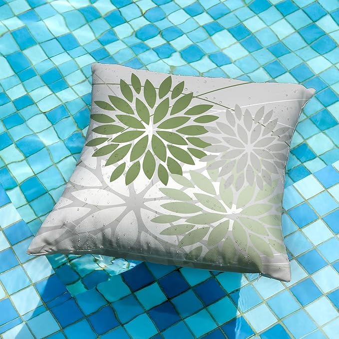 DFXSZ Outdoor Throw Pillow Covers 20x20 Inch Set of 2 Waterproof Spring Summer Geometric Elegant White Green Outdoor Pillow Covers for Patio Funiture Garden Couch 158D20