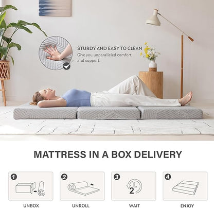 MLILY Tri-Fold Memory Foam Mattress, 4 inch Twin Folding Mattress with Collapsible and Washable Cover, Travel and Guest Mat, 75"×38"×4", Grey
