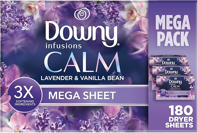 Downy Infusions Mega Dryer Sheets, Laundry Fabric Softener, CALM, Lavender and Vanilla Bean, 180 Count (3 box of 60 sheets)