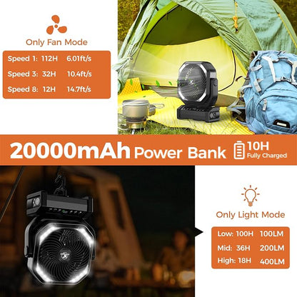 Camping Fan with Light - 20000mAh Rechargeable Battery Fan