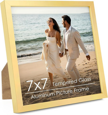 7x7 Metal Picture Frame - Gold Aluminum Square Frames with Real Glass, Wall Mounting Horizontally or Vertically, Simple and Elegant Decor for Wall Gallery Poster Photo Frames, Gold