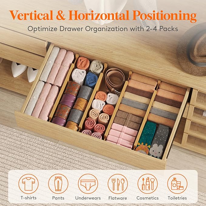 Lifewit 4" High 8 Pack Bamboo Drawer Dividers 43-54cm/17-21.5" Adjustable