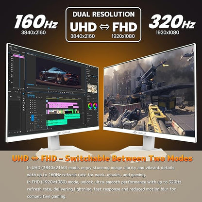 CRUA 27” Gaming Monitor, IPS UHD 3840x2160 4K 160Hz / FHD 320Hz Dual Mode White Computer Monitor, Rotating/Pivot & Height-Adjustable, AMD FreeSync, Built-in Speakers, PIP/PBP, HDMI 2.1 & DP 1.4