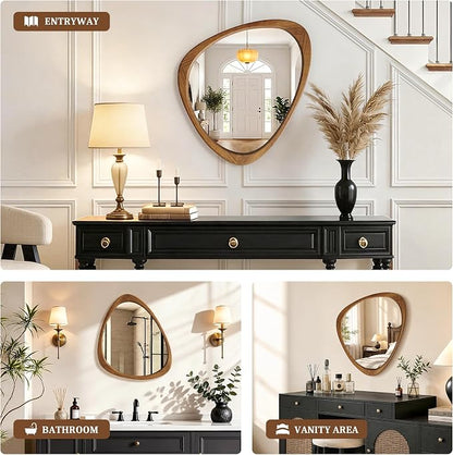 Asymmetrical Mirror, 24"x19" Unique Irregular Wall Mirror, Wood Mid Century Modern Mirror Decor for Bathroom Bedroom Living Room Entryway Hallway (Natural Wood)