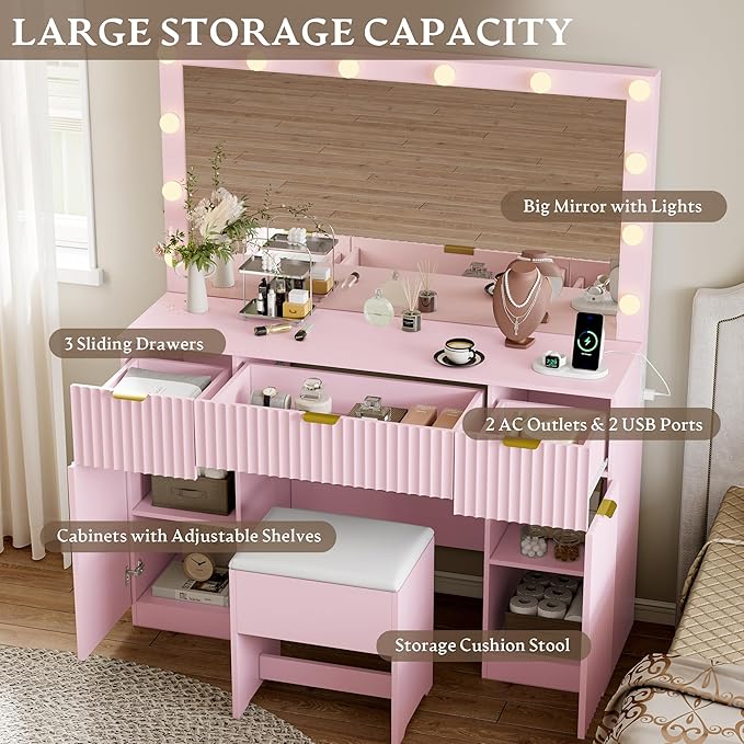 Vanity Desk with Large 42" Mirror and Lights, Pink Fluted Makeup Table Set with Storage Drawers, Power Outlet & Stool, 3 Lighting Modes & Adjustable Brightness, Dressing Table for Women Girls Bedroom