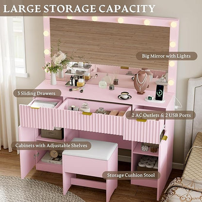 Vanity Desk with Large 42" Mirror and Lights, Pink Fluted Makeup Table Set with Storage Drawers, Power Outlet & Stool, 3 Lighting Modes & Adjustable Brightness, Dressing Table for Women Girls Bedroom