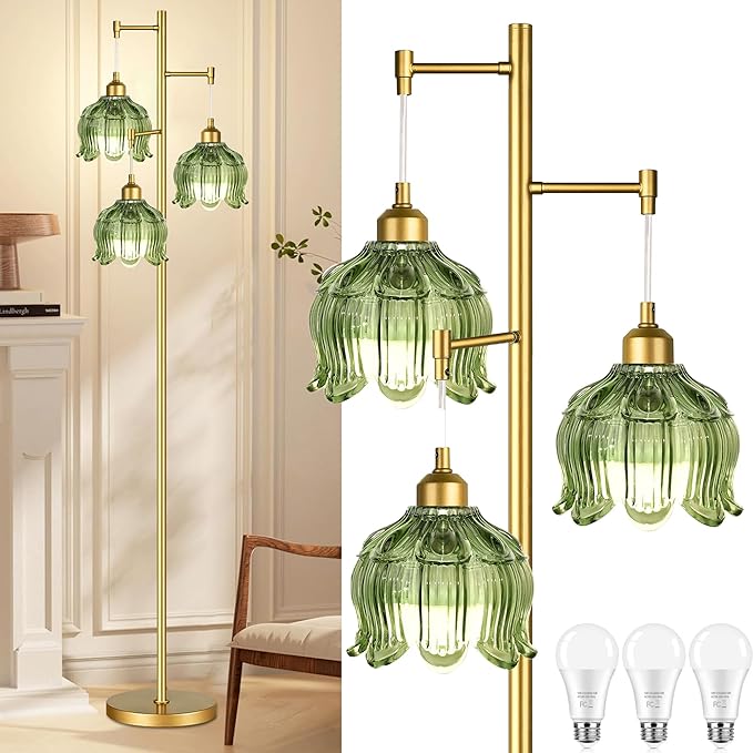 Gold Floor Lamp for Living Room Bedroom,3 Lights Modern Floor Lamps with Unique Green Glass Shades,68IN Mid Century Tall Standing Lamp,Vintage Tree Floor Lamp for Corner Office Reading Bulb Included