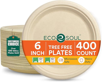 ECO SOUL Compostable Paper Plates 6 Inch (400 Count) Plates for Dessert, Heavy Duty, Eco-Friendly Sugarcane Bagasse Small Plates For Appetizer- Natural Brown