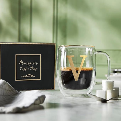 COLLECTIVE HOME - Double Walled Glass Coffee Mugs, Insulated Coffee Mug with Handle, Personalized Gifts for Women, Men, Christmas, 14 oz Monogram Cups (V)