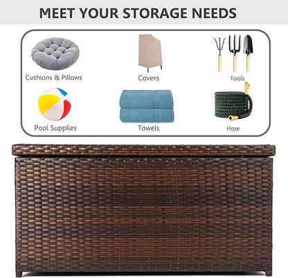 Outdoor 70 Gallon Wicker Storage Box with Waterproof Liner, Patio PE Rattan Storage Container for Outside, Deck Box with Hinged Lid for Cushions, Pillows, Towels, Horizontal Bin, Brown