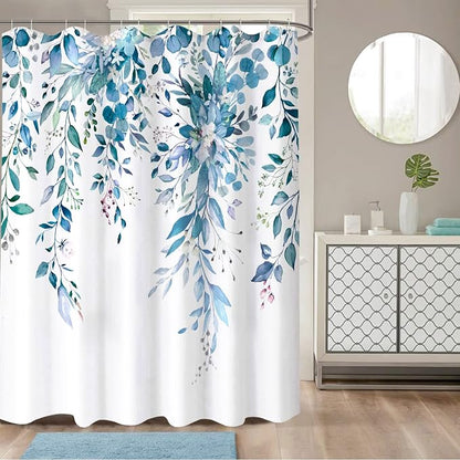 84 Inch Extra Long Blue Eucalyptus Shower Curtain Watercolor Floral Plant Leaf Shower Curtains for Bathroom Botanical Flower Waterproof Fabric Bath Curtain Decor with Hooks (Blue, 72'' x 84'')