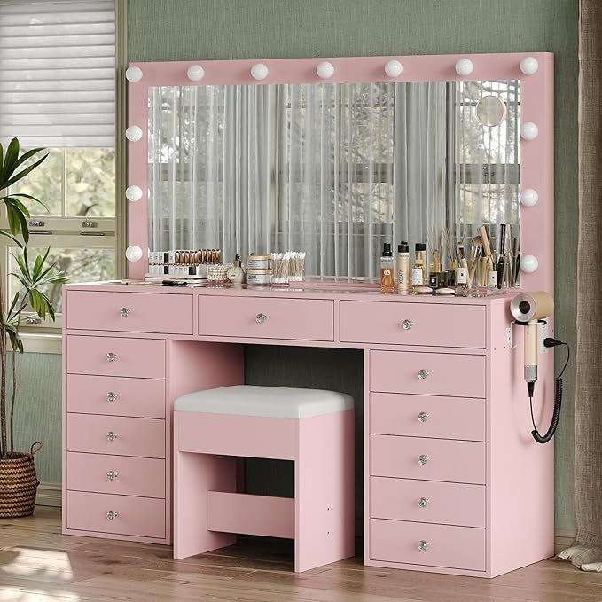 55'' Vanity Desk, Makeup Vanity with Charging Station, 13 Drawers with Lighted Mirror, 3 Lighting Modes, Brightness Adjustable, Glass Top, Vanity Table with Chair for Bedroom, Pink