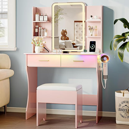 Vanity Desk with LED Lights Mirror & Power Outlet, Small Makeup Vanity Table Set with Storage Drawers & Chair, 3 Lighting Modes & Adjustable Brightness, Dressing Table for Women Girls Bedroom, Pink