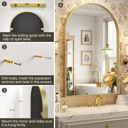 Brightify Arched Mirror, 24 x 36 Inch Gold Arch Mirror, Metal Frame Gold Arched Wall Mirror, Arched Top Bathroom Vanity Mirror for Living Room Bedroom Mantle Entryway Hallways