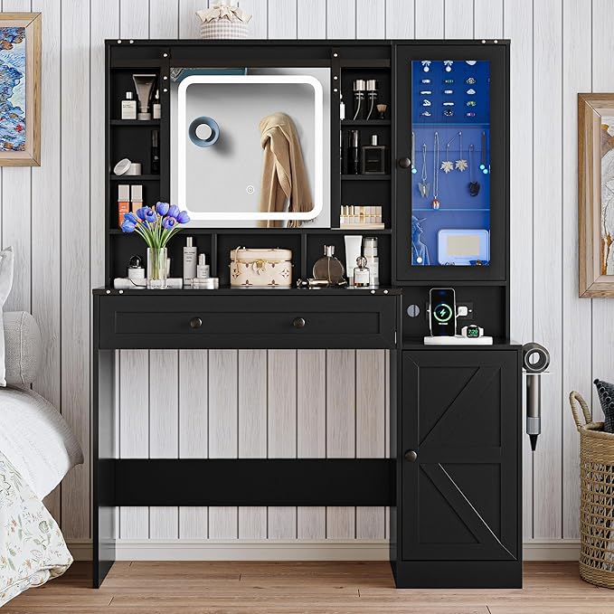 Makeup Vanity Desk with Sliding Mirror and Lights, Farmhouse Vanity Table Set with Power Outlet & RGB Cabinet, Dressing Table with Storage Drawers & Shelves for Kids Girls Women Bedroom, Black