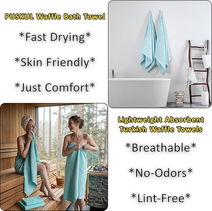 PÜSKÜL Natural 100% Turkish Cotton Waffle Bath Towels Set of 2-Piece | 32x63 Extra Large Absorbent Quick-Dry Lightweight Spa Towel | Luxury Sauna Accessories (Aqua Turquoise Bath Towels - Pack of 2)