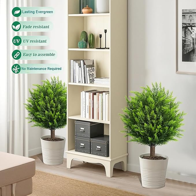 26.5" Artificial Cedar Topiary Ball Trees, Set of 2 UV Resistant Fake Evergreen Trees Shrubs Bushes Artificial Plants with Ground Spike Faux Cypress Plants for Indoor Outdoor Front Porch Garden