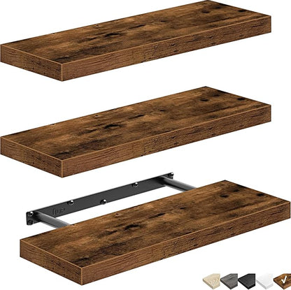 QEEIG Floating Shelves for Wall Bathroom Shelf Bedroom Kitchen Living Room Hanging Book Shelves Small Farmhouse Decor 16 inch Set of 3, Rustic Brown (015-BN3)