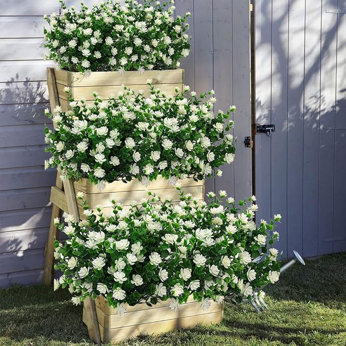 10 Bundles Artificial Fake Flowers, Faux Outdoor Plastic Plants UV Resistant Shrubs Outside Indoor Decorations (White-Eucalyptus)