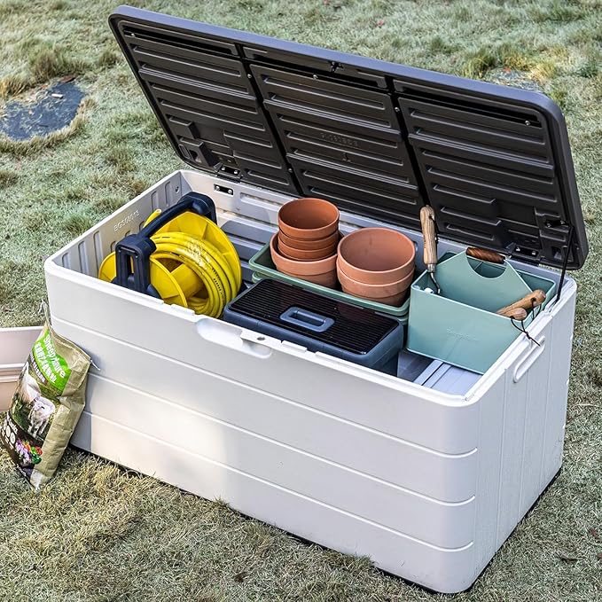 Premium Pro Edition 100 Gallon Lockable Resin Deck Box, Waterproof & UV-Resistant Outdoor Storage Box for Outdoor Cushion Storage, Garden Tools & Pool Accessories Storage, White