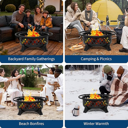 Outdoor Fire Pit 36 Inch Large Wood Burning with Lid Poker, Heavy Duty Round BBQ Firepit & Cold Rolled Steel for Outside, Patio, Picnic, Party