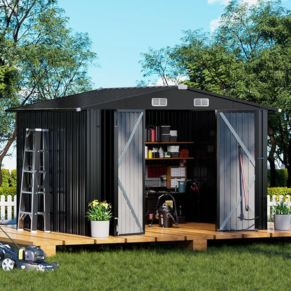 COMHOMA Shed Outdoor Storage Shed Metal,Lockable Doors Tool Sheds with Sloping Roof,Steel Garden Shed with Air Vent for Backyard,Patio,Lawn,Poolside (Grey, 10'*8')