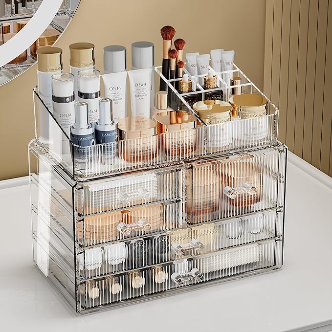 ZHIAI Stackable Storage Drawers, Acrylic Bathroom Counter Organizer Clear Makeup Organizers for Vanity, Kitchen Cabinets, Bathroom, Undersink, Home Organization and Storage (2Top 3 Drawers,)