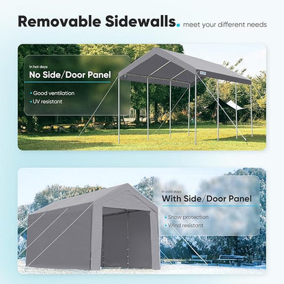 ADVANCE OUTDOOR 12x20 ft Heavy Duty Carport Garage Shelter, Adjustable Height (6.5-11ft) Waterproof Canopy with Removable Sidewalls for Cars, RV, Boat, Truck, Party - Gray