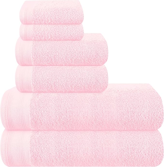 Ultra Soft 6 Pack Cotton Towel Set, Contains 2 Bath Towels 28x55 inch, 2 Hand Towels 16x24 inch & 2 Wash Coths 12x12 inch, Ideal Everyday use, Compact & Lightweight - Pink